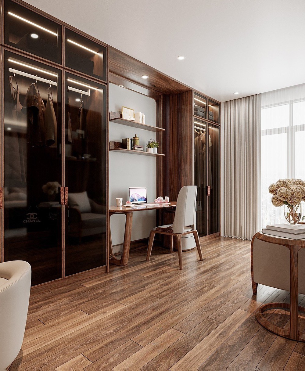 Thiết kế tủ quần áo hiện đại kết hợp bàn làm việc với cánh kính khung kim loại đen