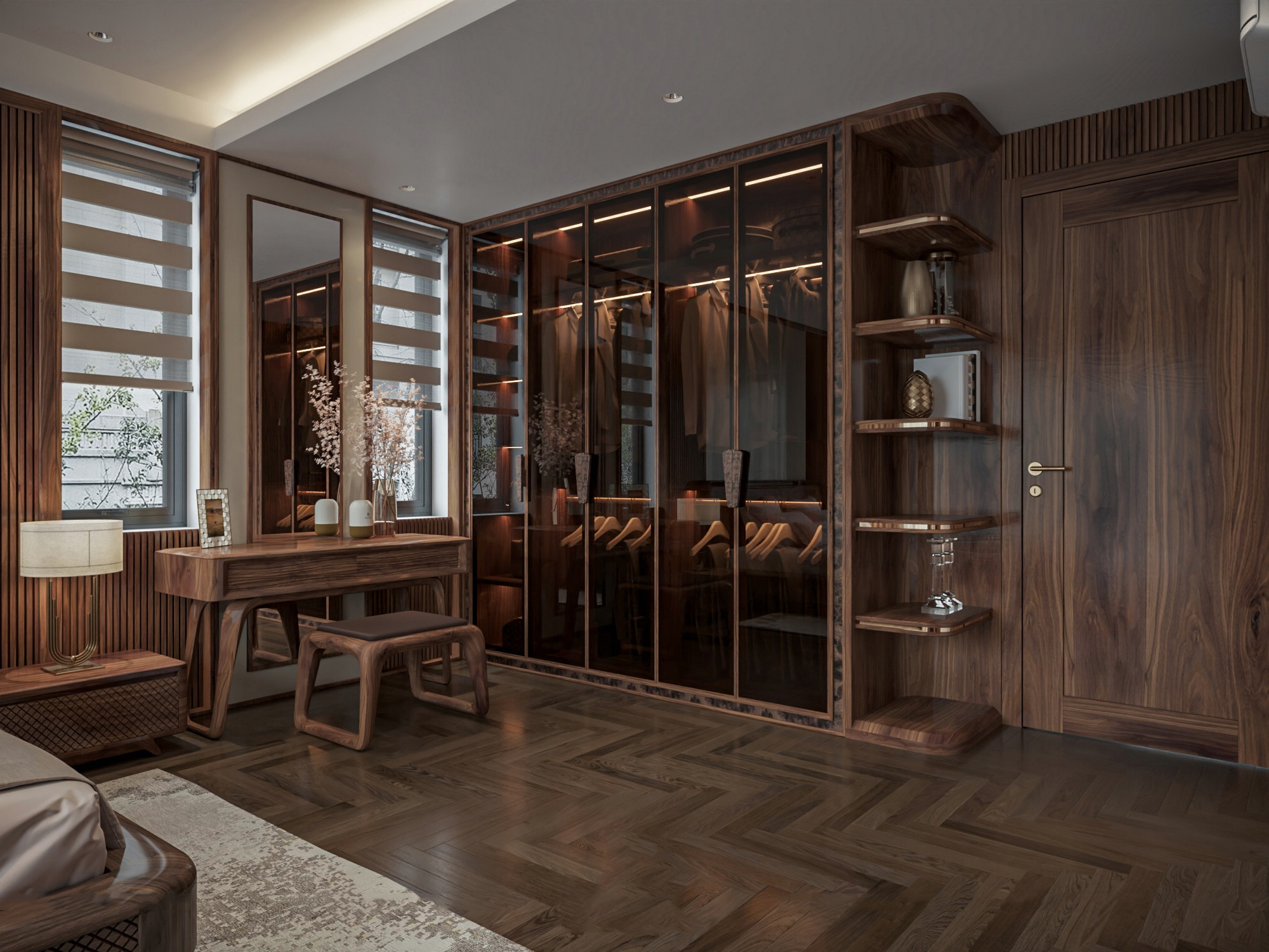 Thiết kế tủ quần áo gỗ tự nhiên chữ I cao kịch trần hiện đại