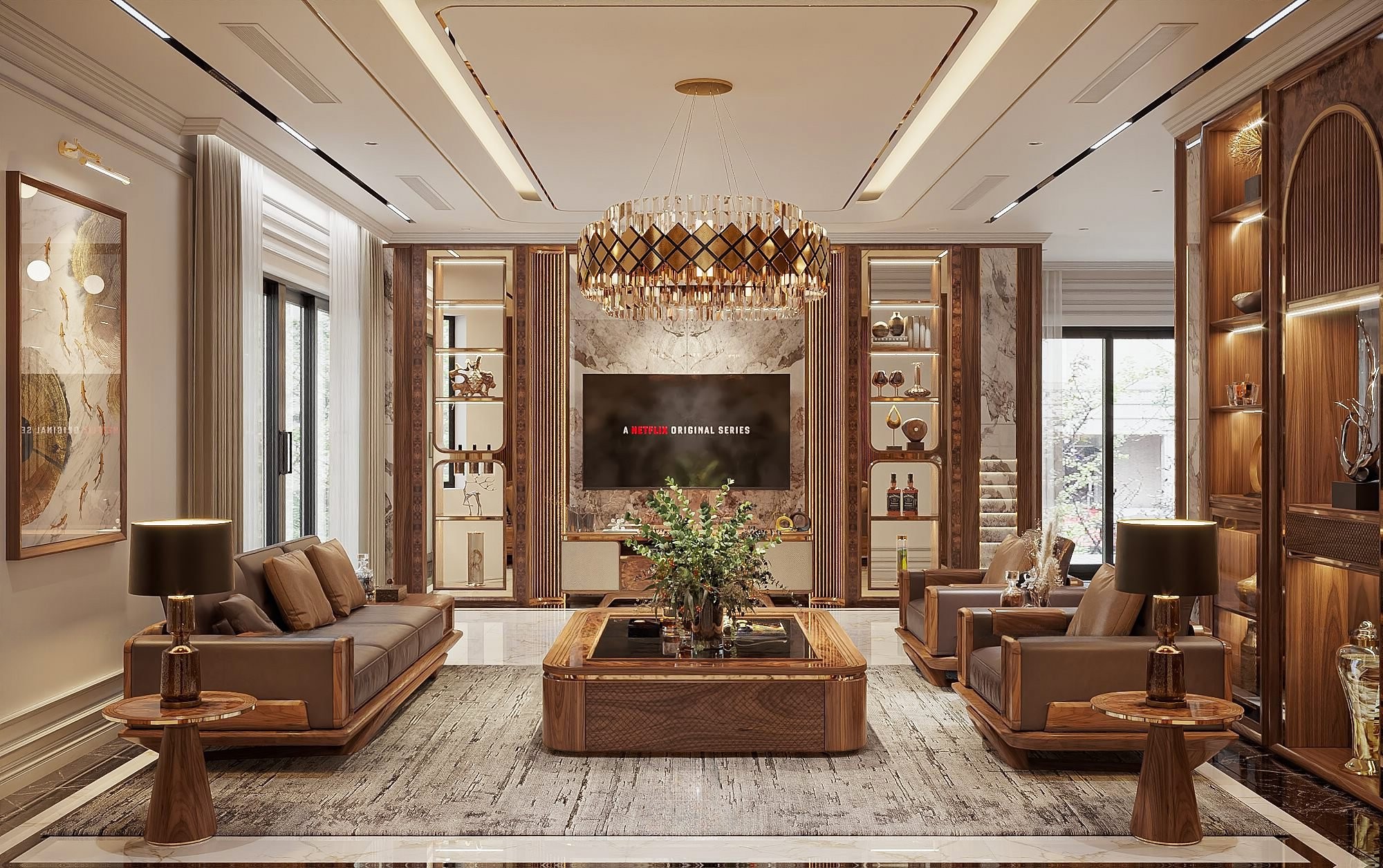 Trang trí phòng khách đơn giản đẹp phong cách tân cổ điển với bàn trà CNC và nội thất gỗ óc chó