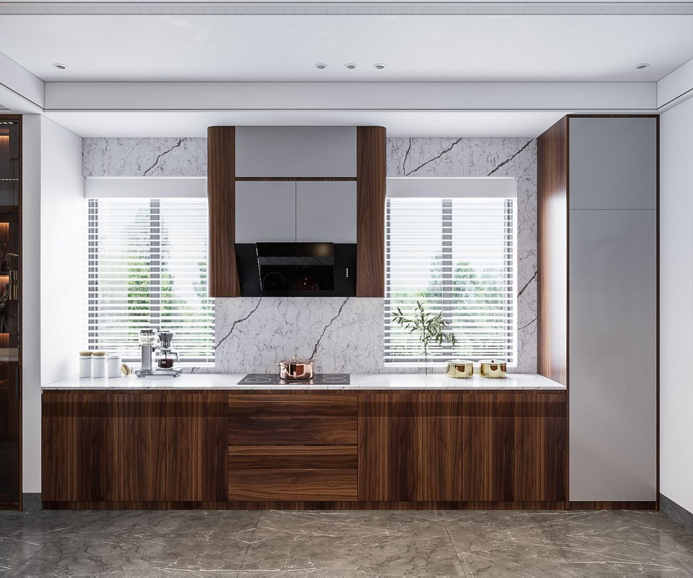 Tủ bếp chữ I hiện đại gỗ MDF phủ laminate nâu gụ