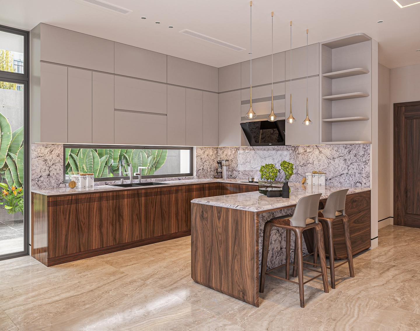 Tủ bếp đẹp hiện đại với quầy bar liền kề và mặt đá granite trắng vân loang đen