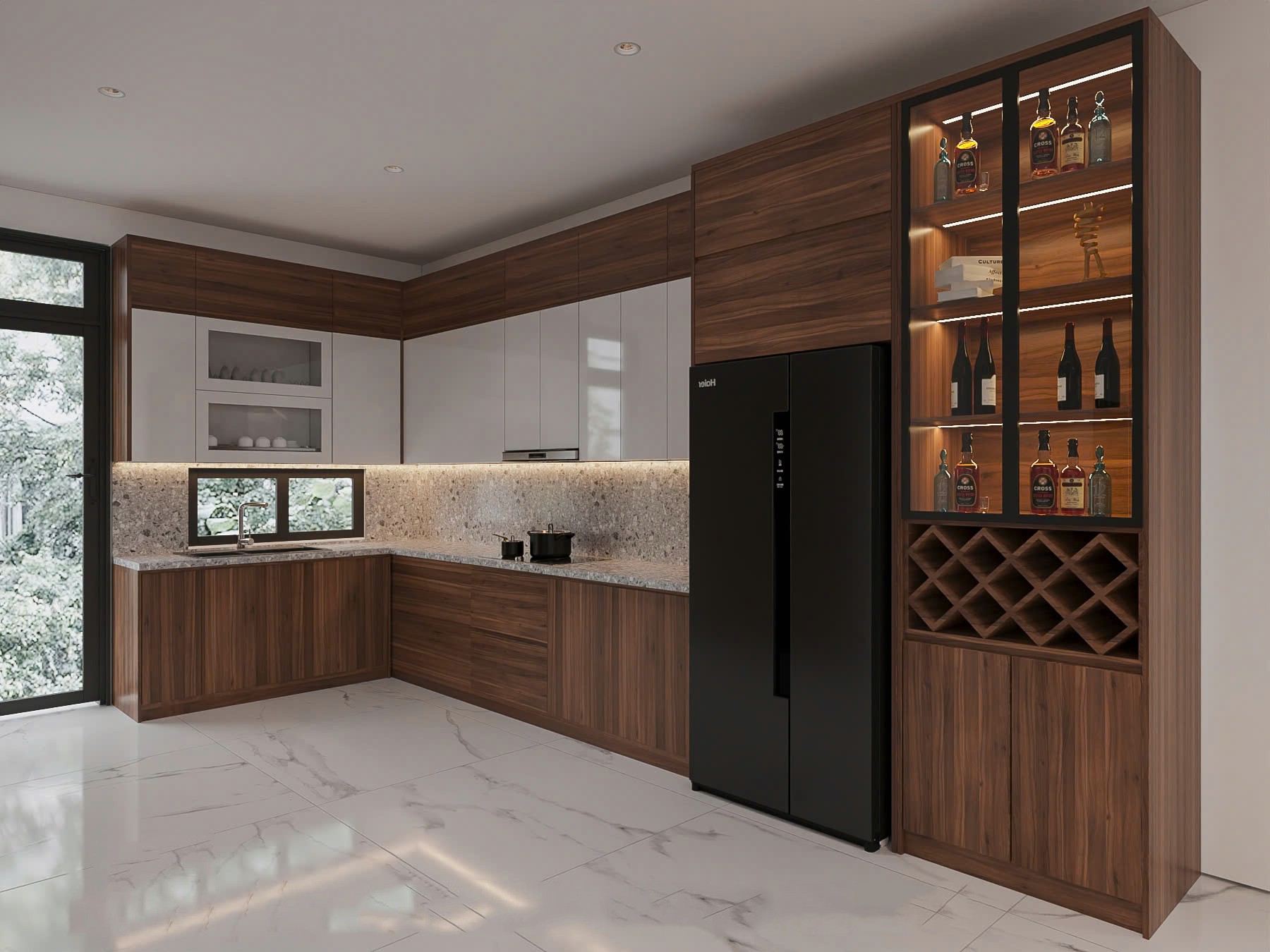 Tủ bếp gỗ óc chó đẹp chữ L hiện đại