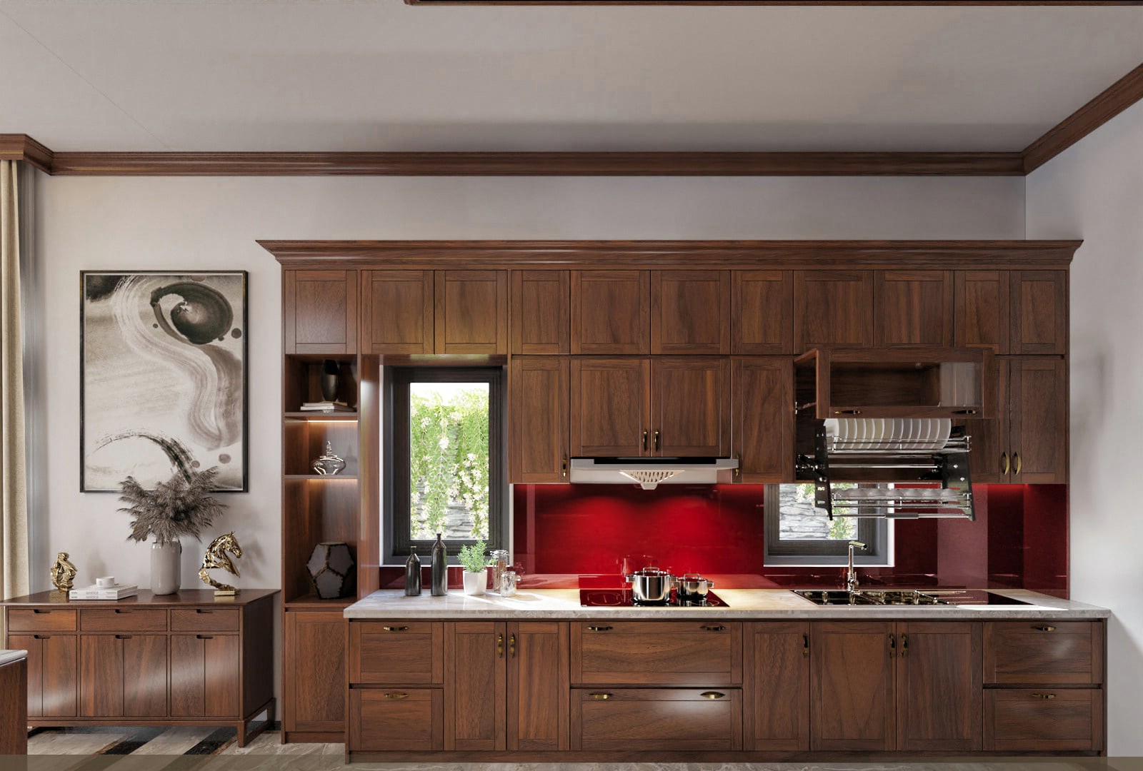 Tủ bếp gỗ óc chó tự nhiên chữ I hiện đại