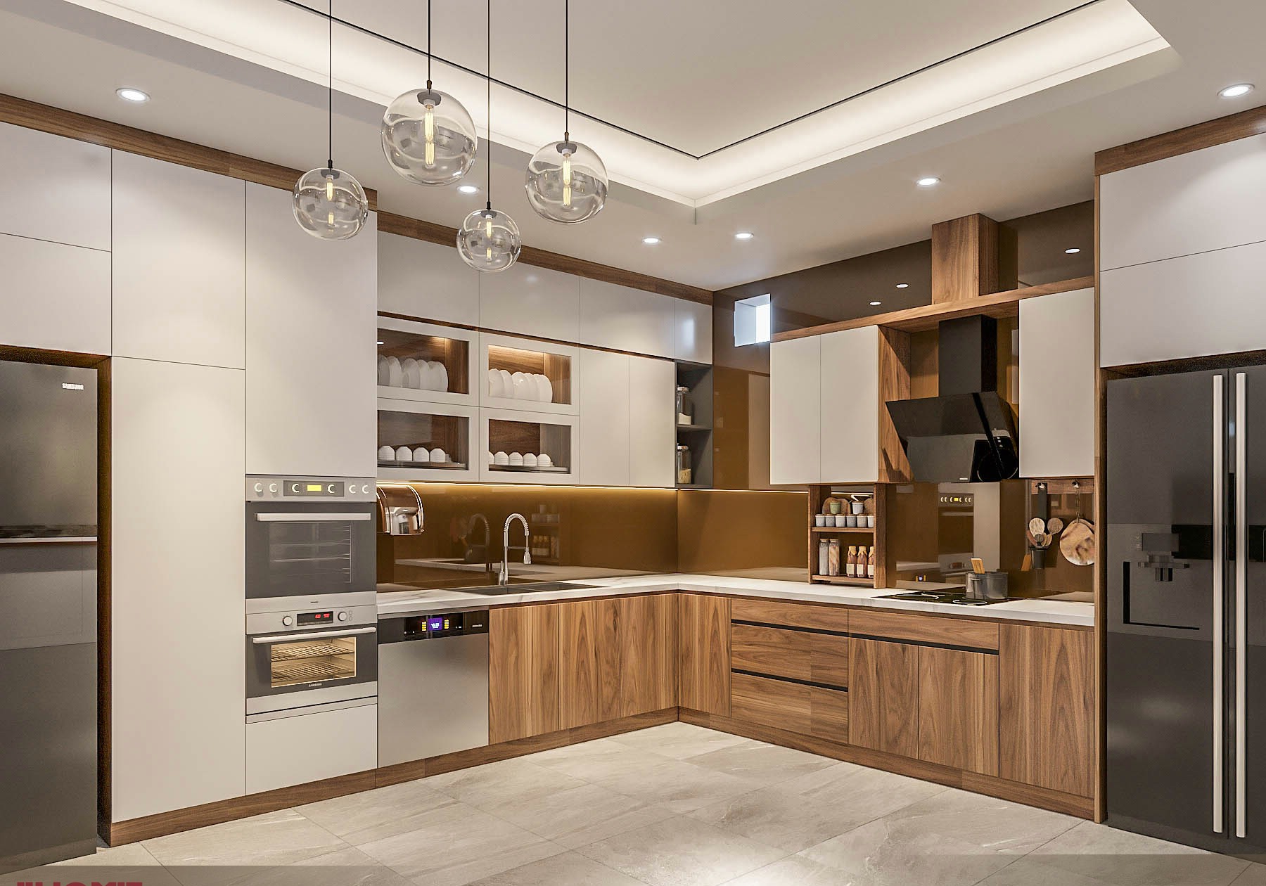 Tủ bếp thông minh hiện đại chữ L với gỗ MDF, cánh acrylic trắng và laminate nâu nhạt