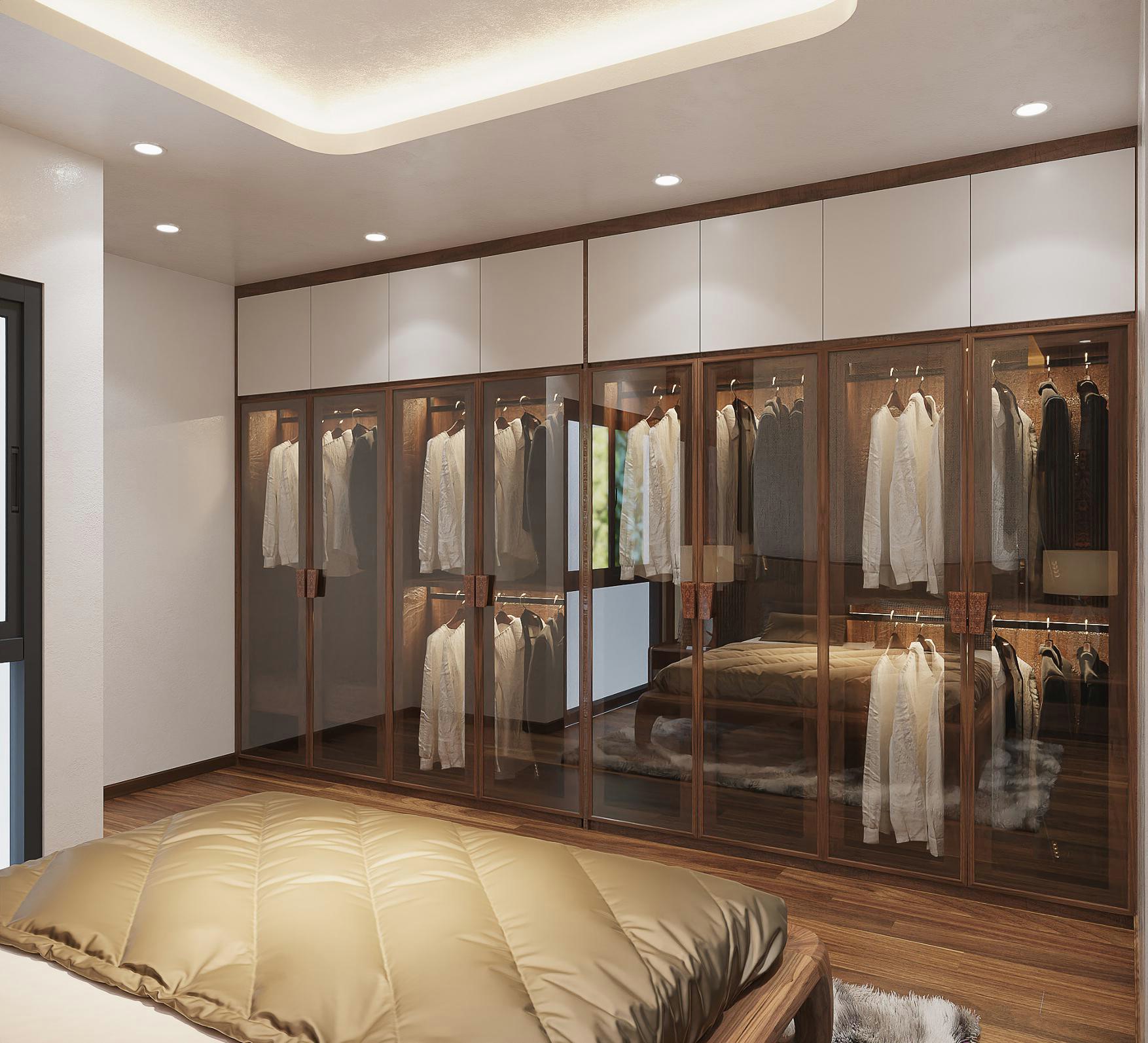 Tủ quần áo cao cấp chữ I kích thước lớn với cánh gỗ acrylic và kính cường lực