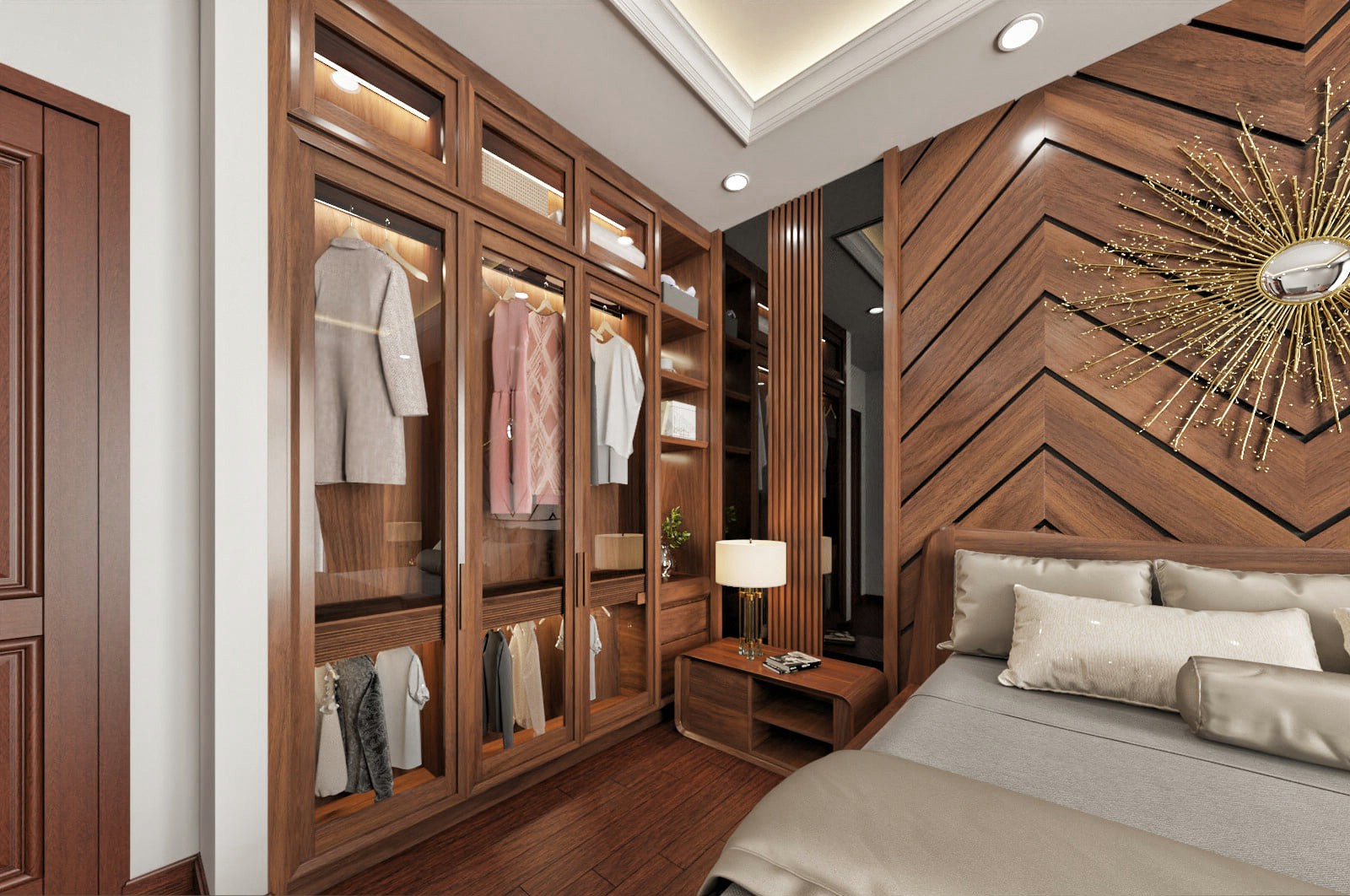 Tủ quần áo gỗ hiện đại chữ I cao kịch trần với hệ cánh kính sang trọng