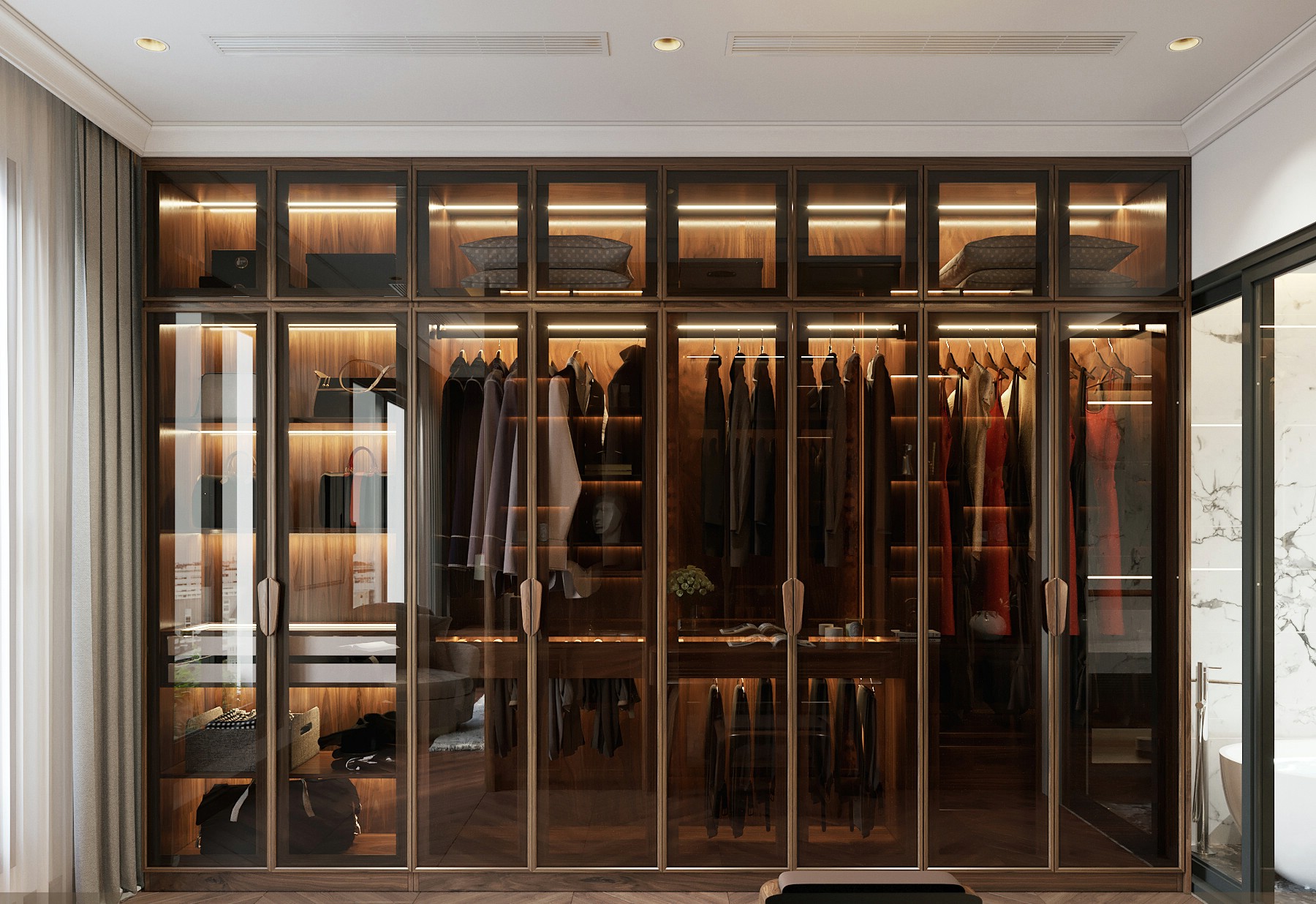 Tủ quần áo gỗ óc chó hiện đại âm tường cao cấp