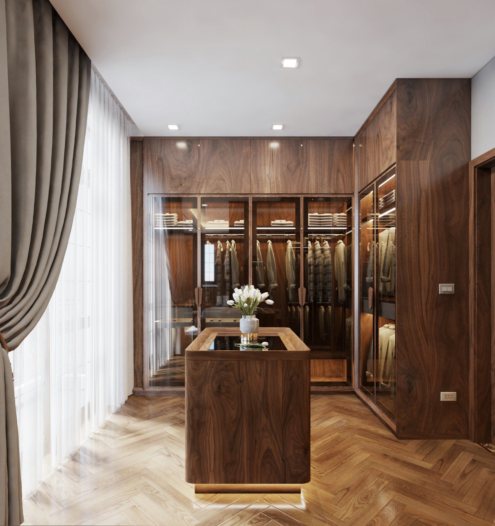 Tủ quần áo gỗ tự nhiên cao cấp chữ L cao kịch trần