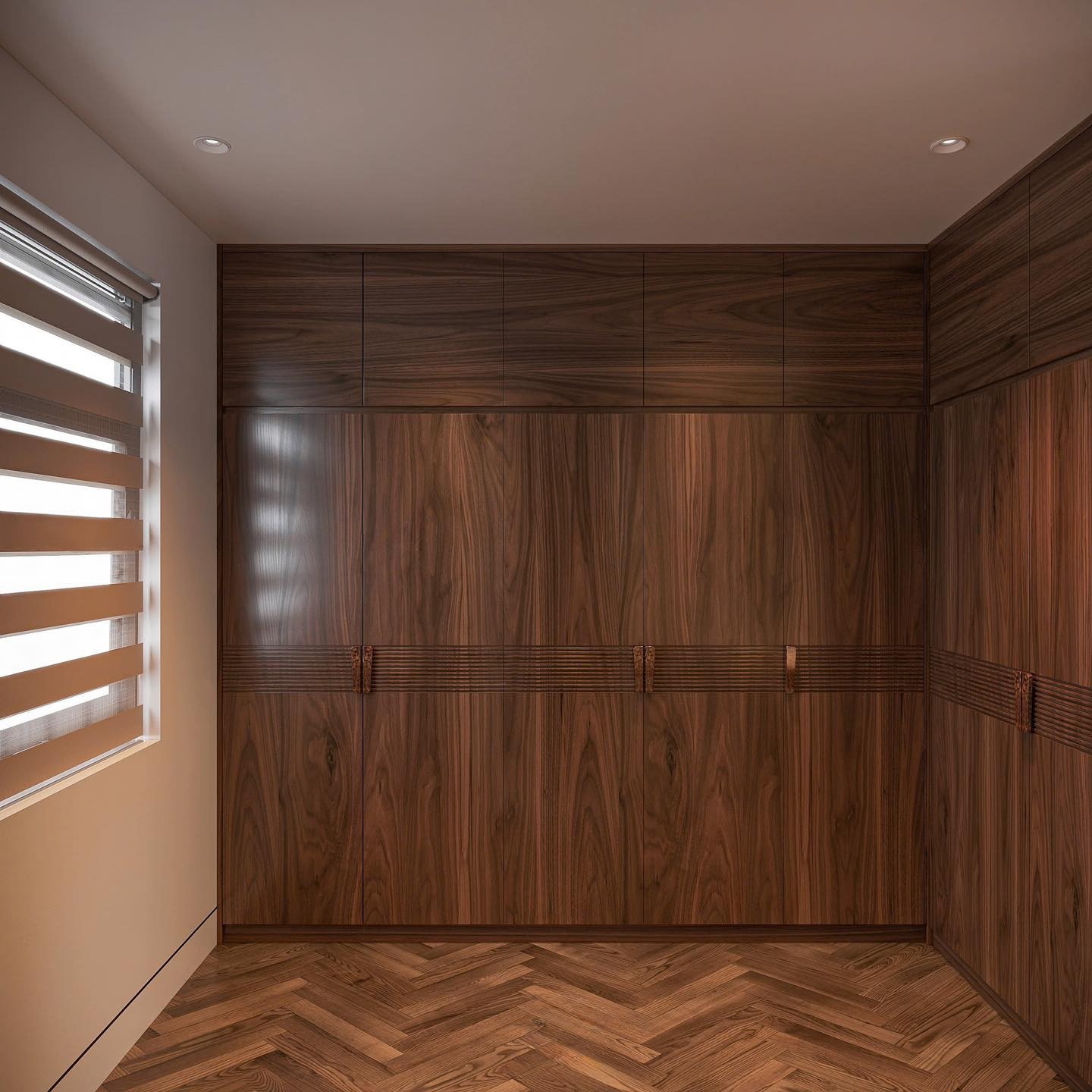 Tủ quần áo gỗ tự nhiên hiện đại chữ L với cánh CNC kẻ sọc ngang