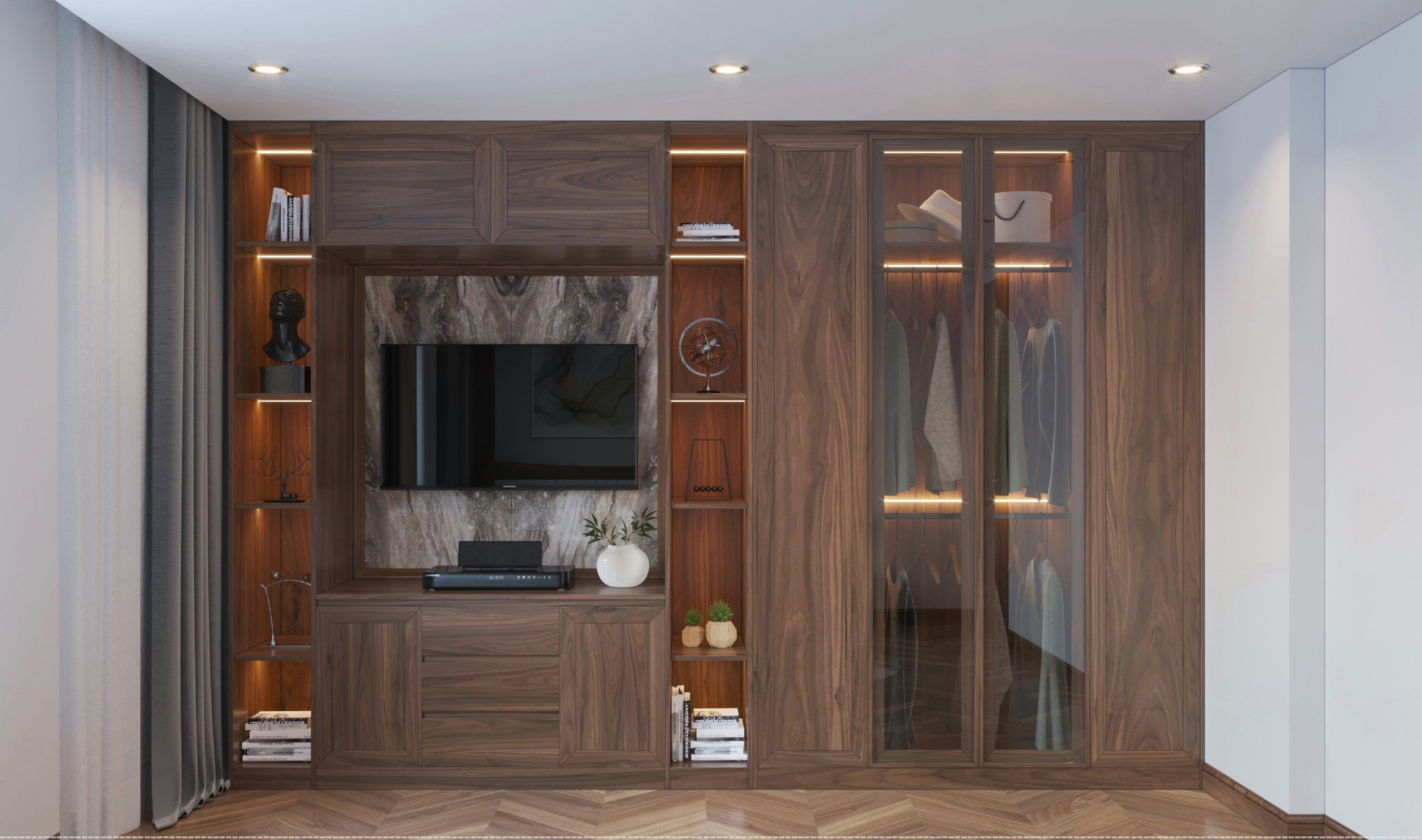 Tủ quần áo gỗ tự nhiên cao kịch trần âm tường kết hợp kệ tivi hiện đại