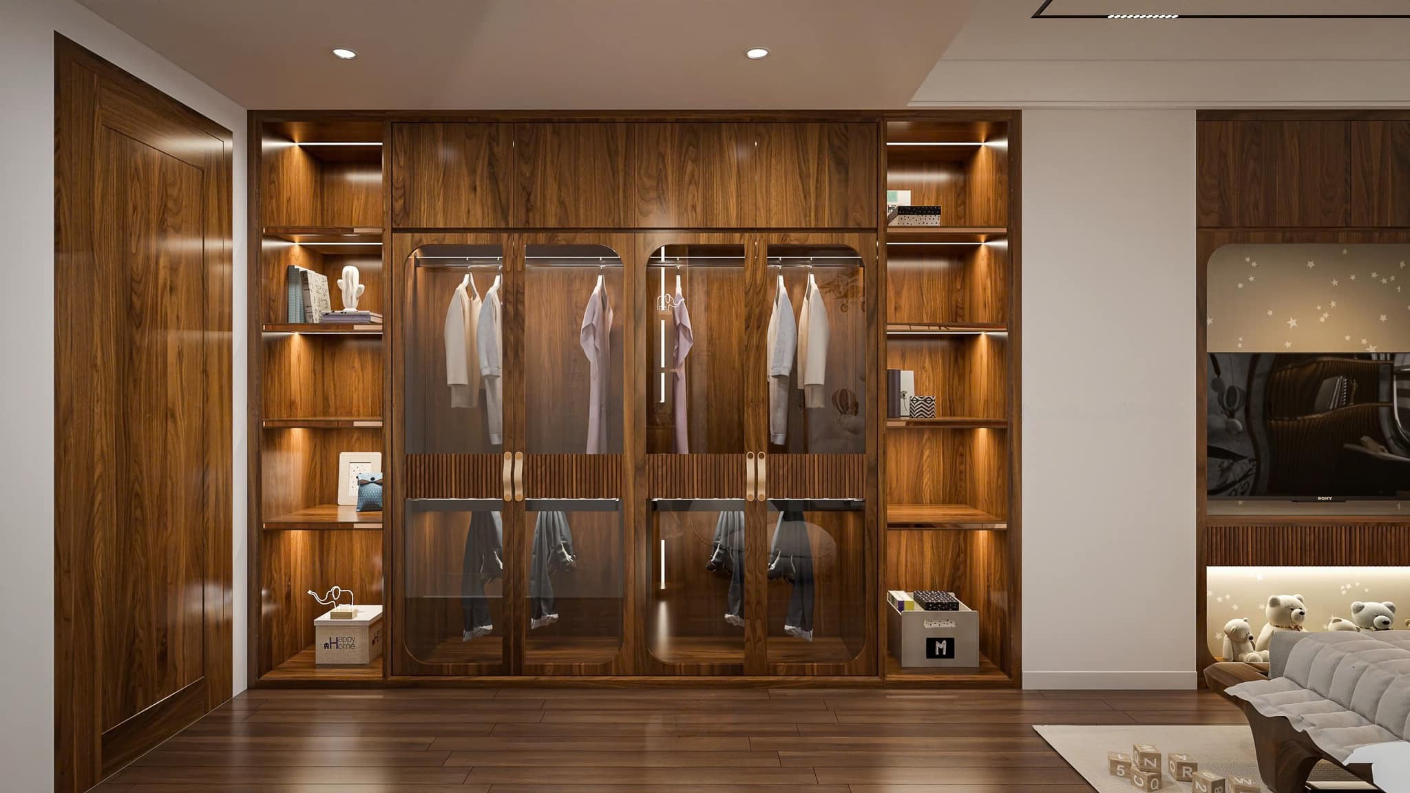 Tủ quần áo hiện đại sang trọng âm tường chữ I cao kịch trần với gỗ MDF phủ melanite và cánh kính