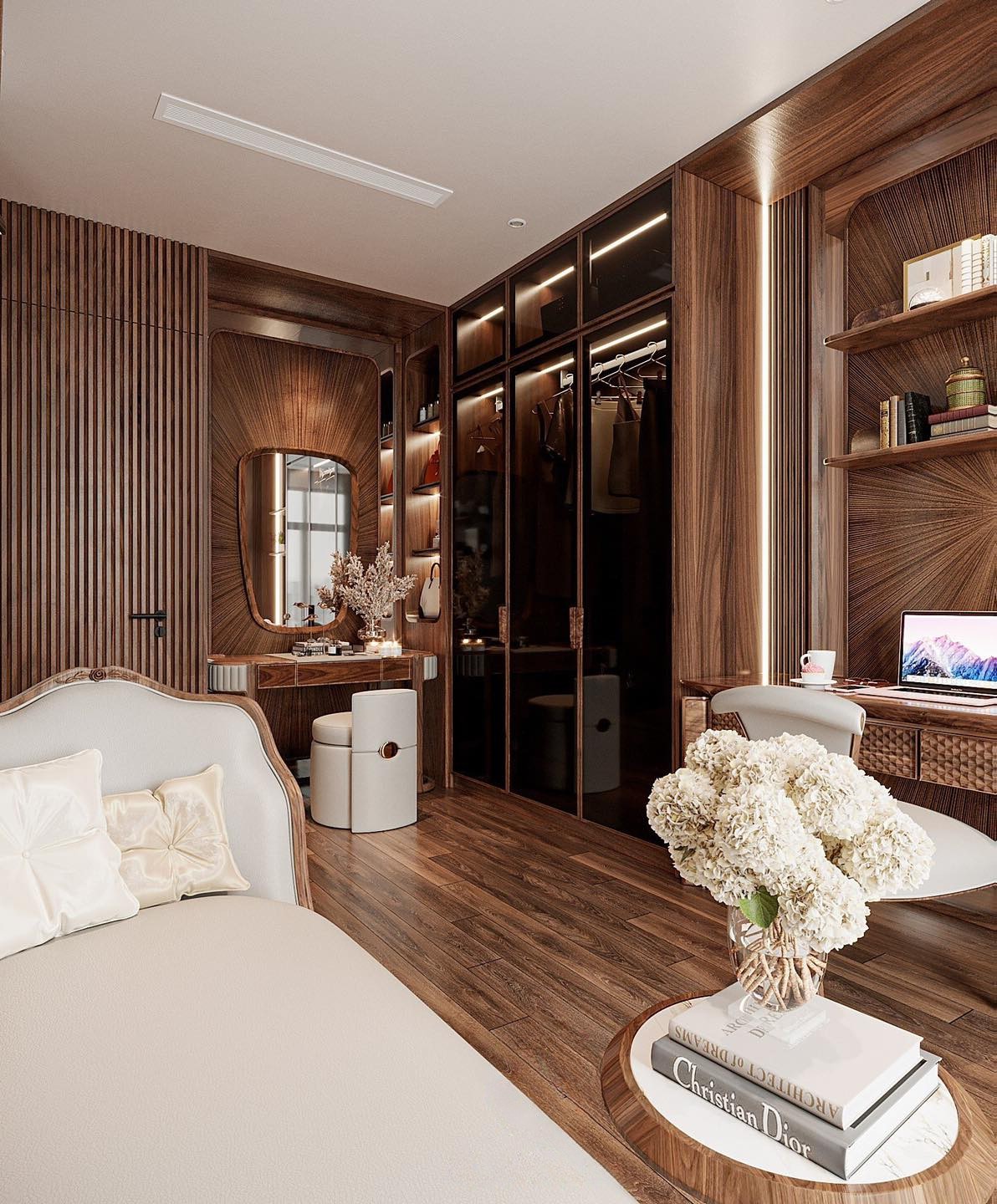 Tủ quần áo kết hợp bàn trang điểm đẹp với cánh kính hiện đại