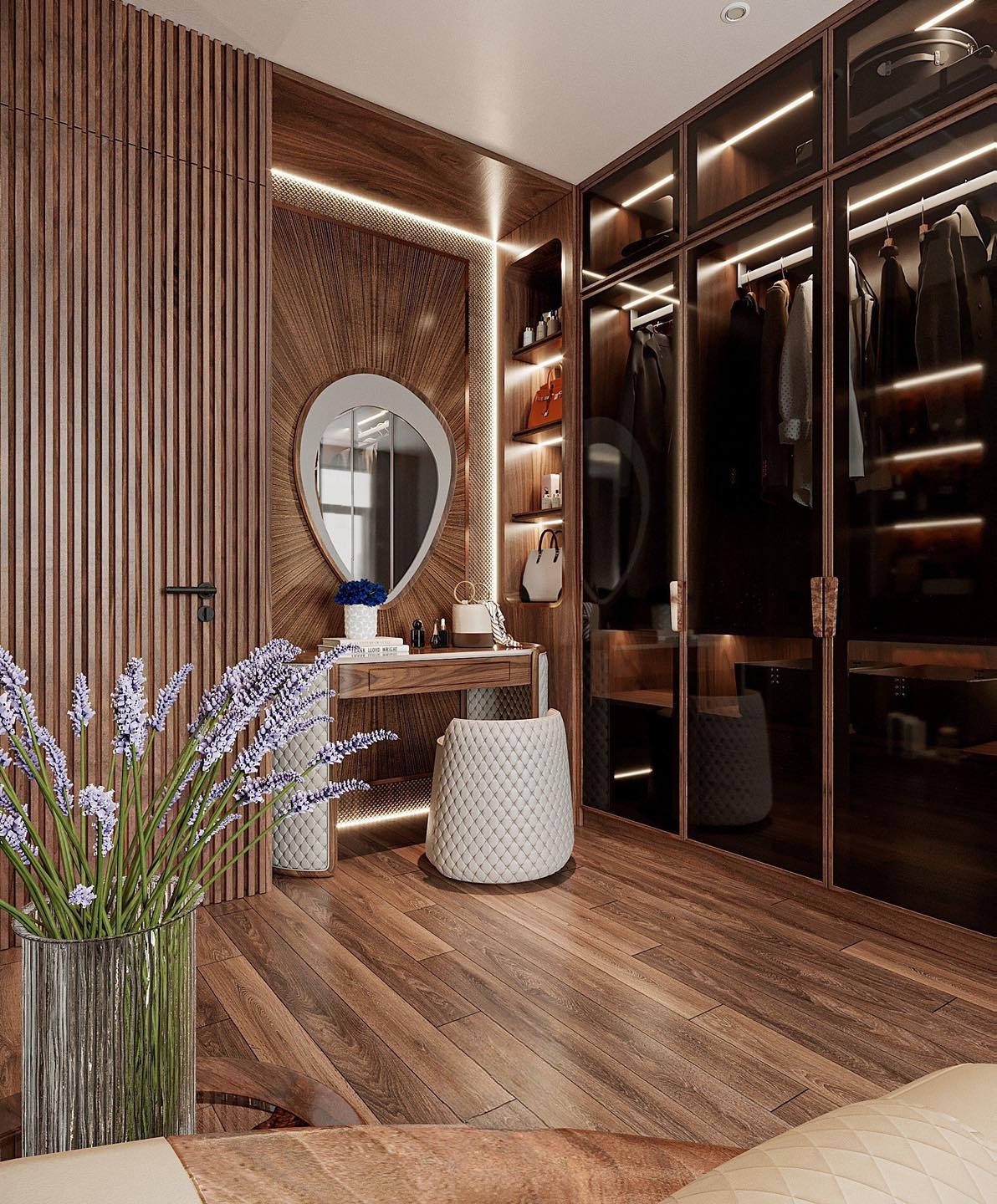 Tủ quần áo kết hợp bàn trang điểm hiện đại với bàn oval và kệ túi xách 4 tầng