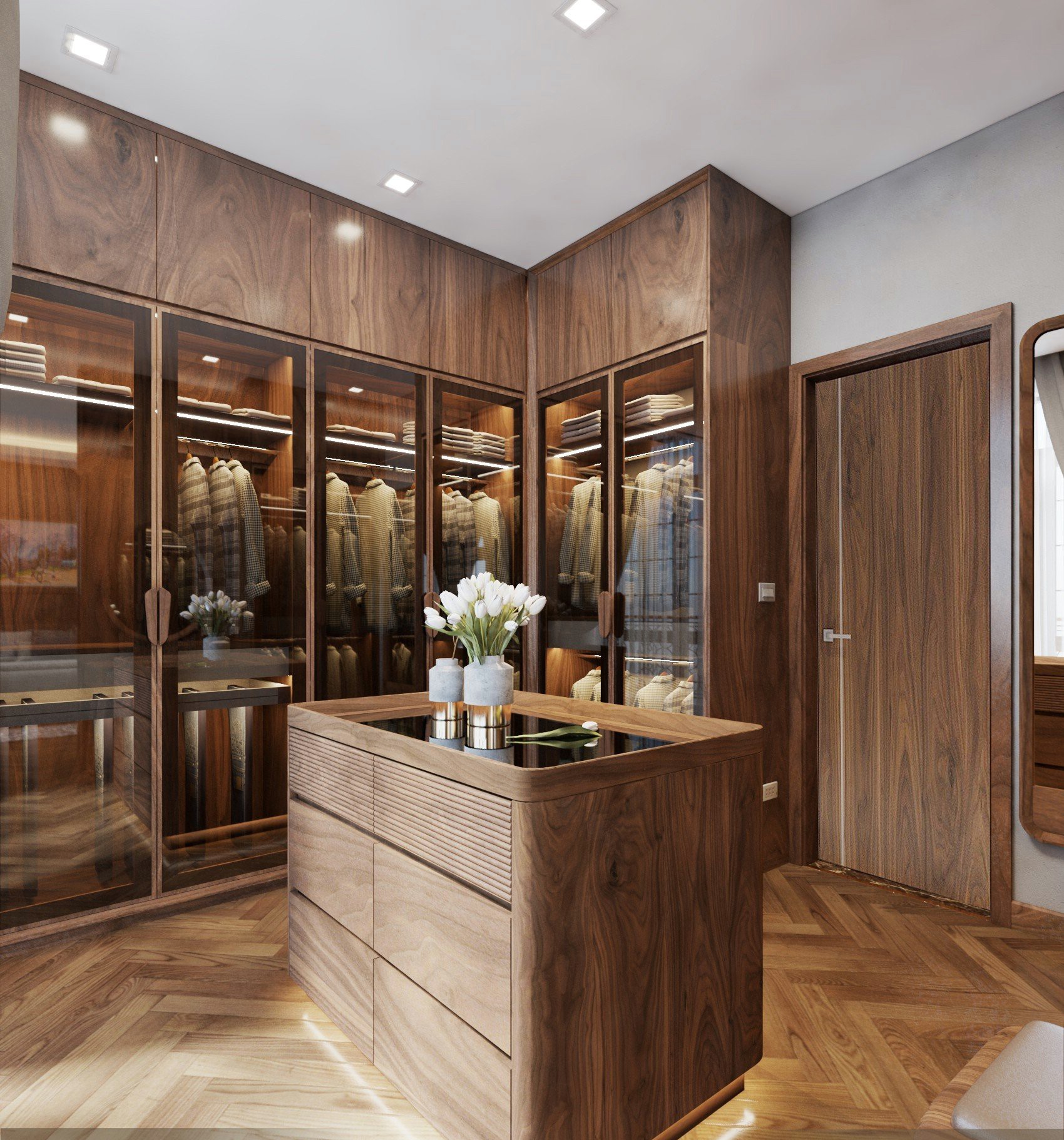 Tủ quần áo phòng ngủ chữ L với phần cánh kính và bàn đảo mặt kính