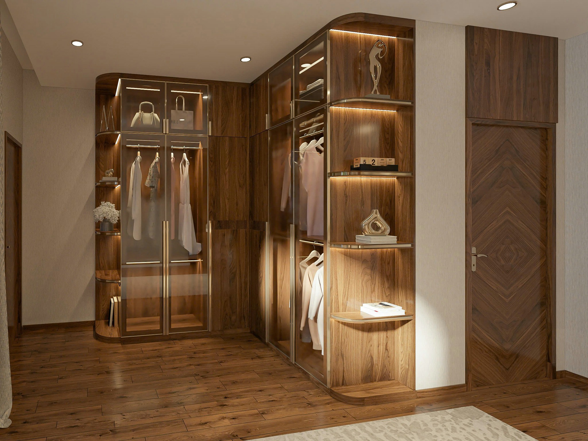 Tủ quần áo trong phòng ngủ chữ L gỗ óc chó hoặc MDF phủ melamine sang trọng