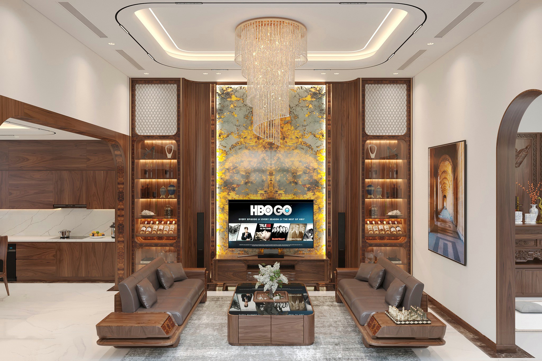 Tủ rượu đẹp phòng khách chữ I cánh kính và ốp lam sóng cong