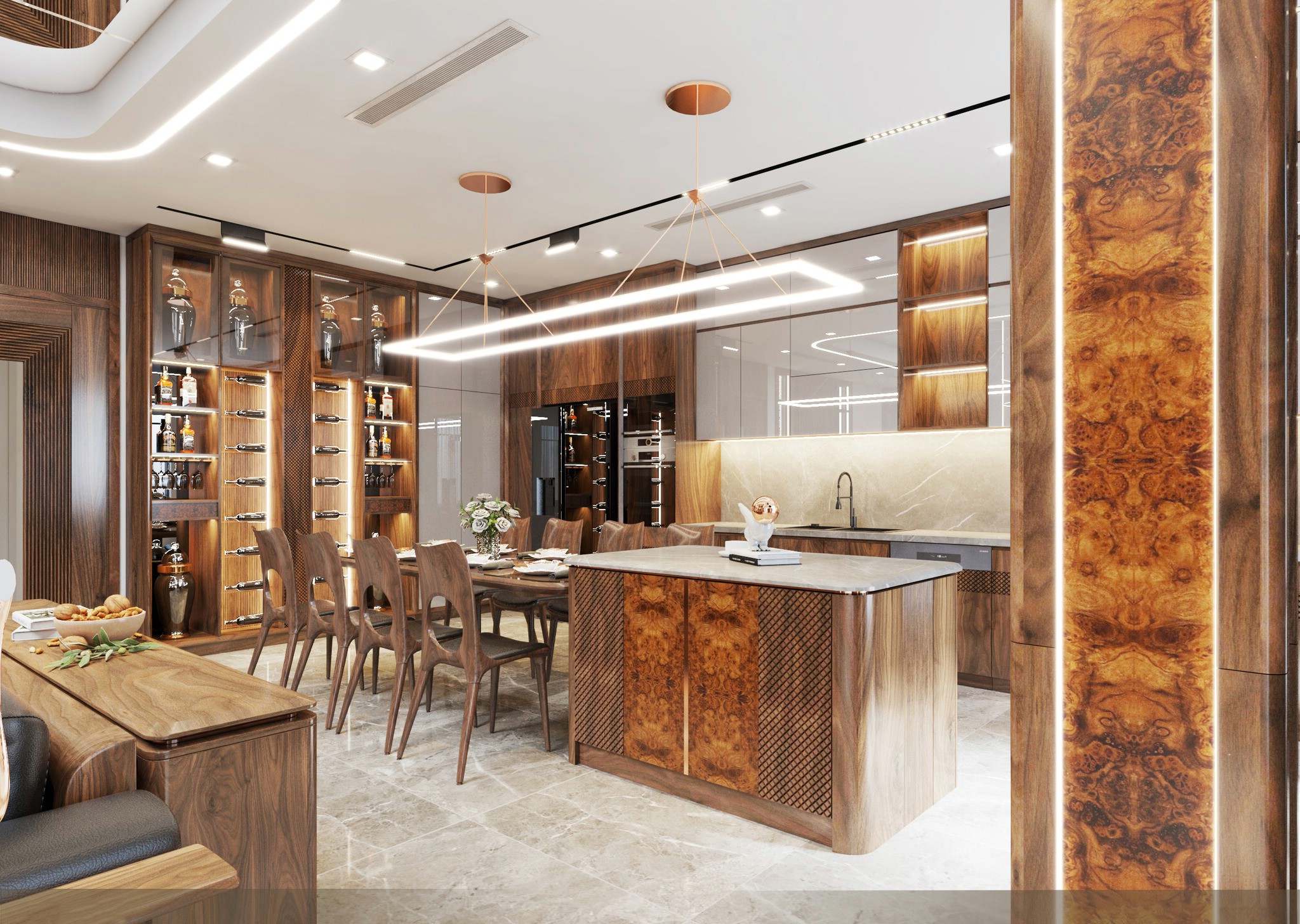 Tủ rượu gỗ tự nhiên cao kịch trần với cánh kính trong suốt và ốp CNC họa tiết mắt cáo