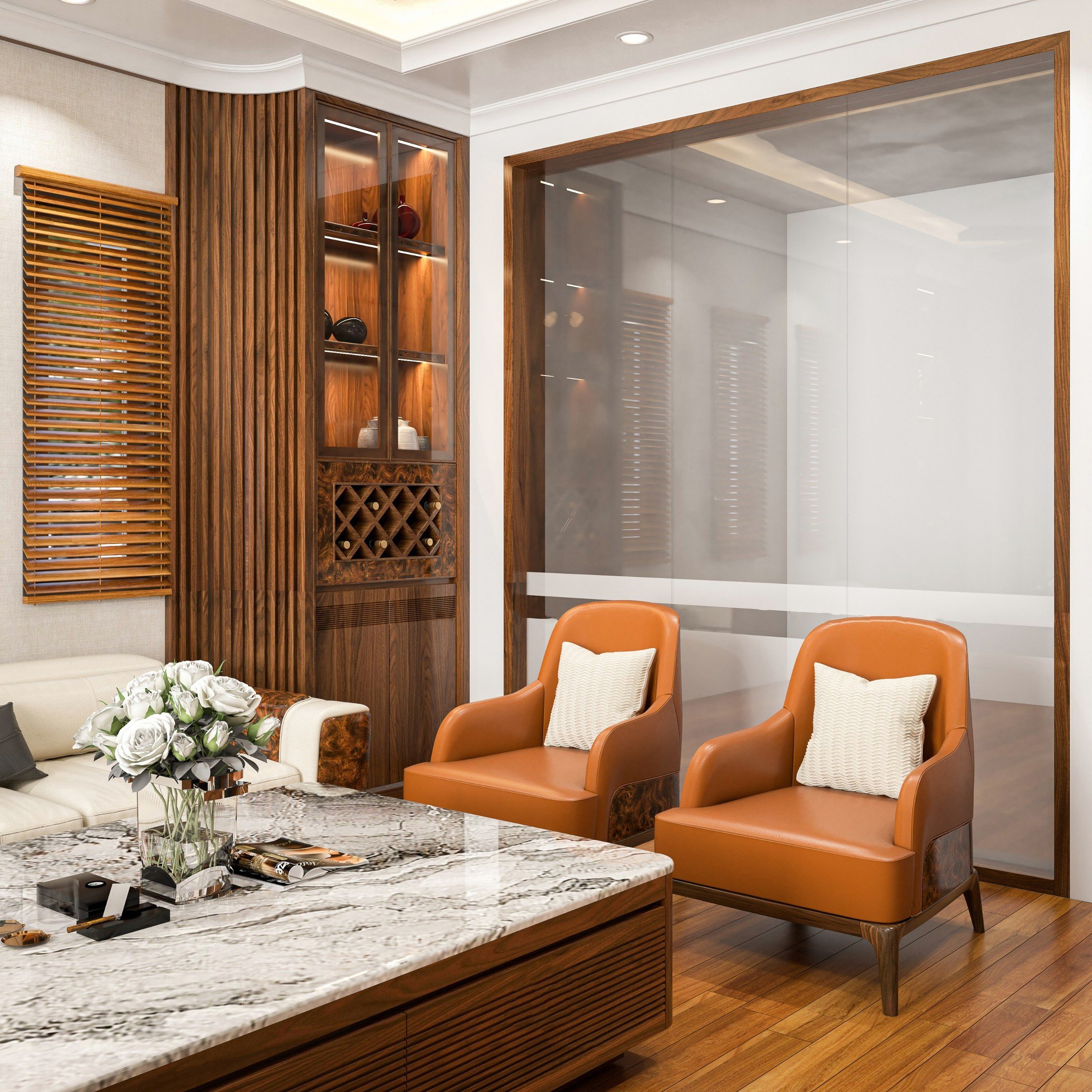 Tủ rượu góc tường hiện đại cao kịch trần bằng gỗ óc chó với lam sóng cong