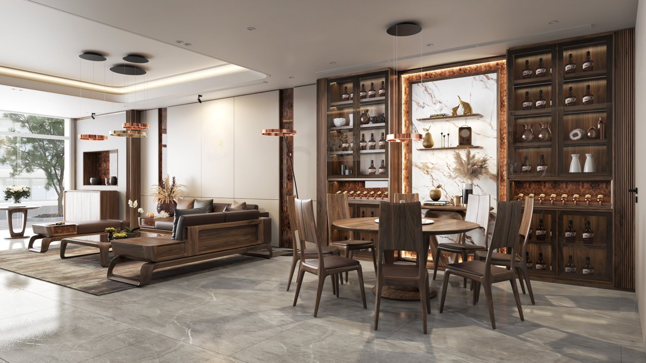 Tủ rượu hiện đại gỗ óc chó chữ I cao kịch trần với cánh kính sang trọng