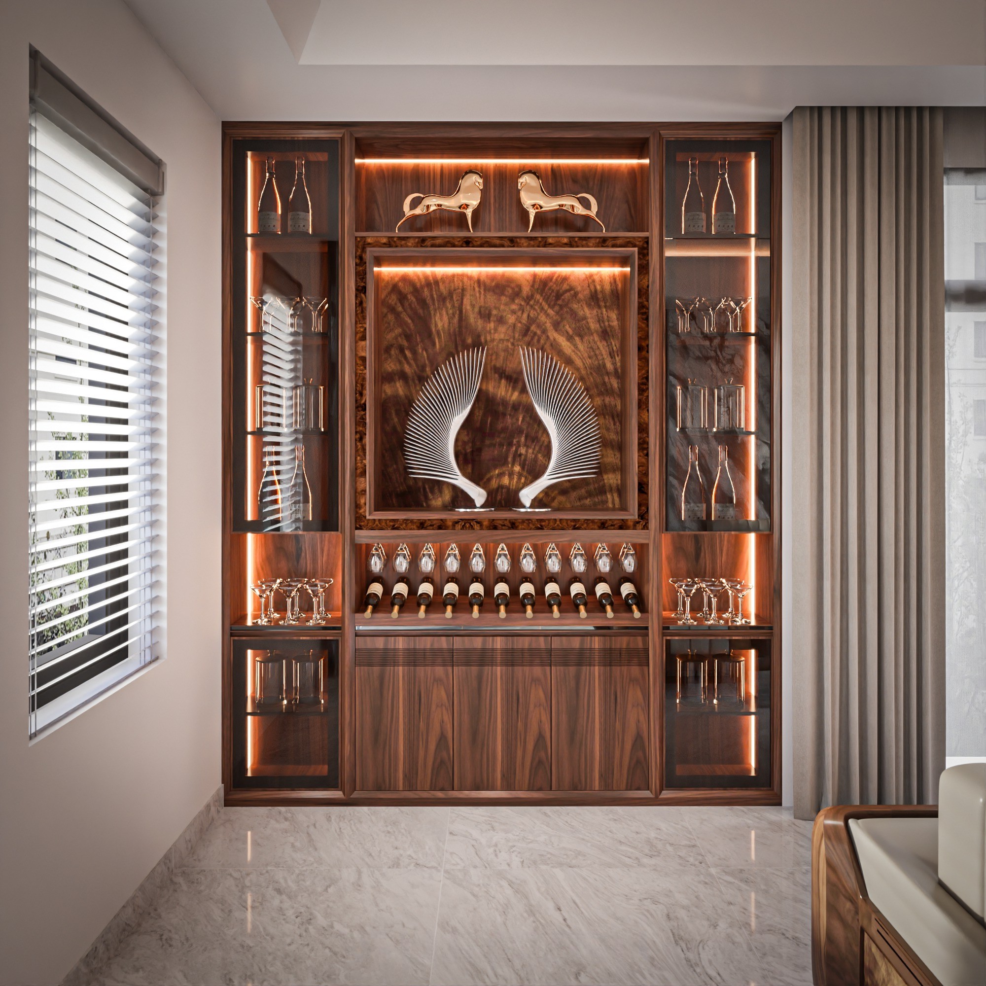 Tủ rượu phòng khách hiện đại gỗ tự nhiên màu nâu đỏ âm tường cao kịch trần