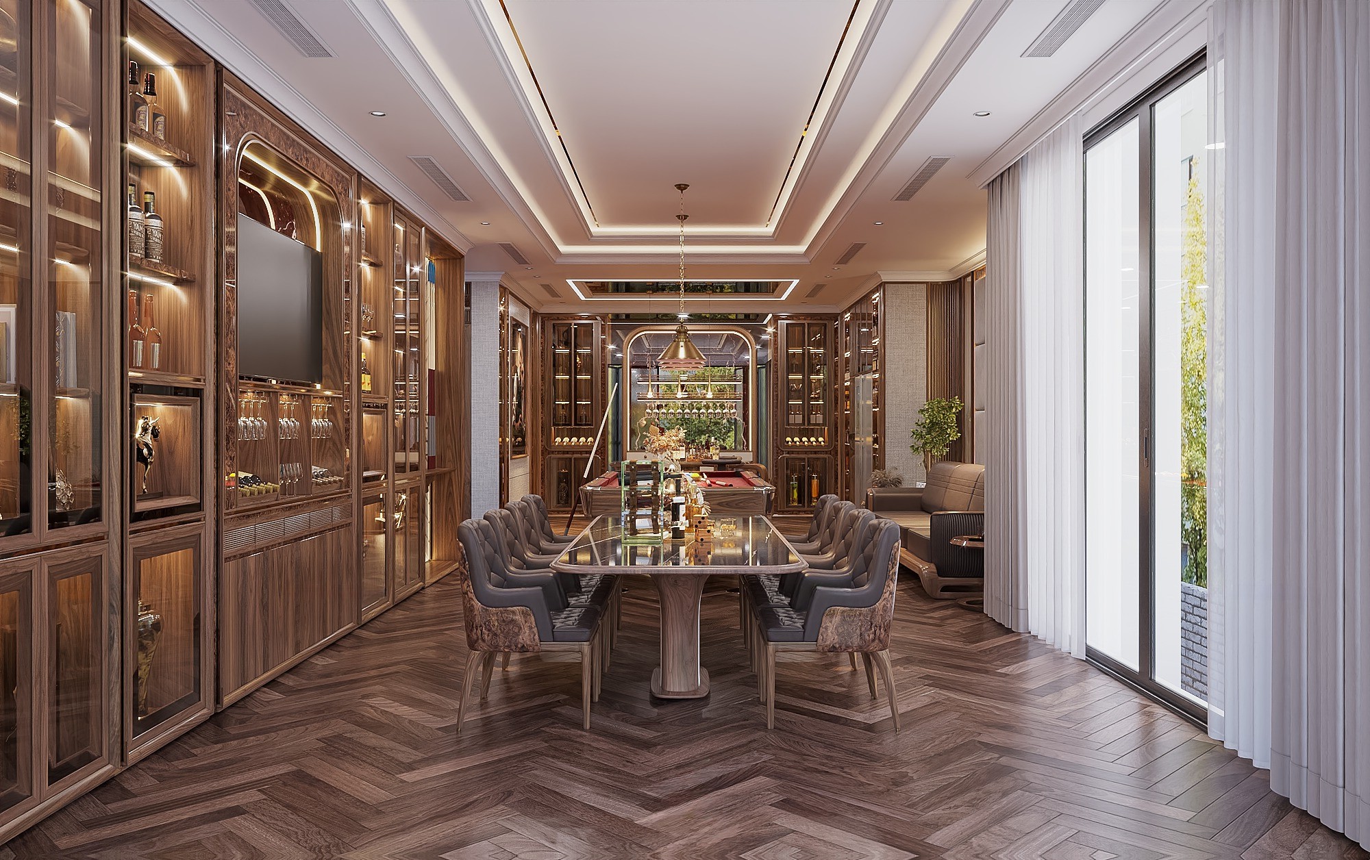 Tủ rượu gỗ sồi veneer kết hợp kính trưng bày đối xứng