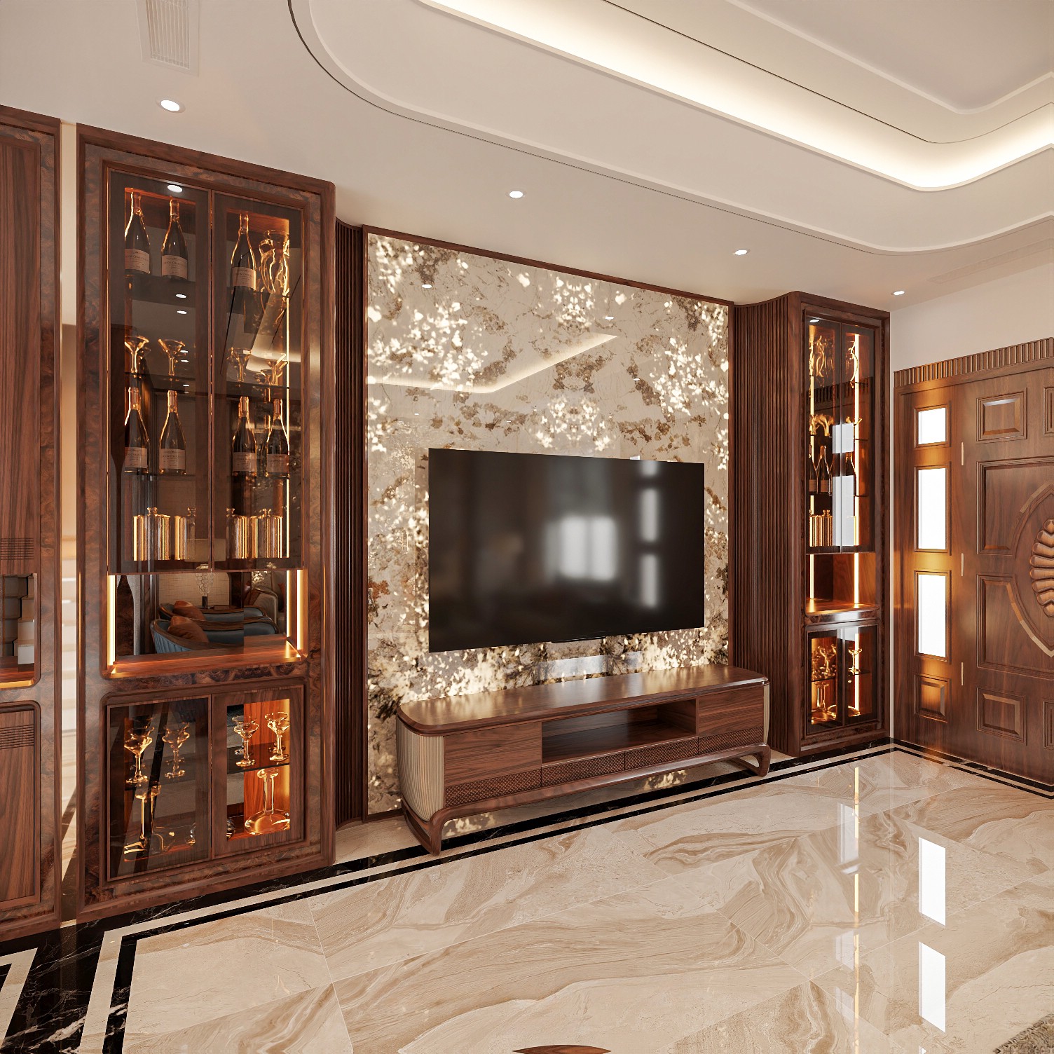 Tủ tivi kết hợp tủ rượu hiện đại gỗ tự nhiên nâu ánh đỏ và viền veneer nu