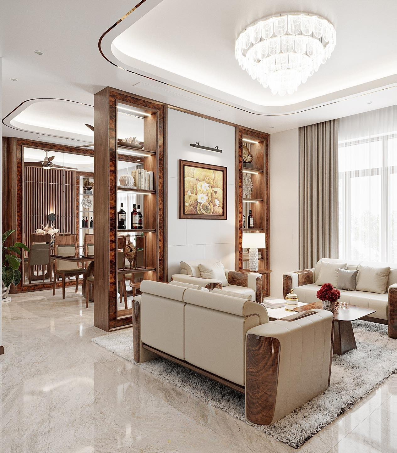 Tủ vách ngăn phòng khách kịch trần với kệ 5 tầng LED và panel trắng treo tranh