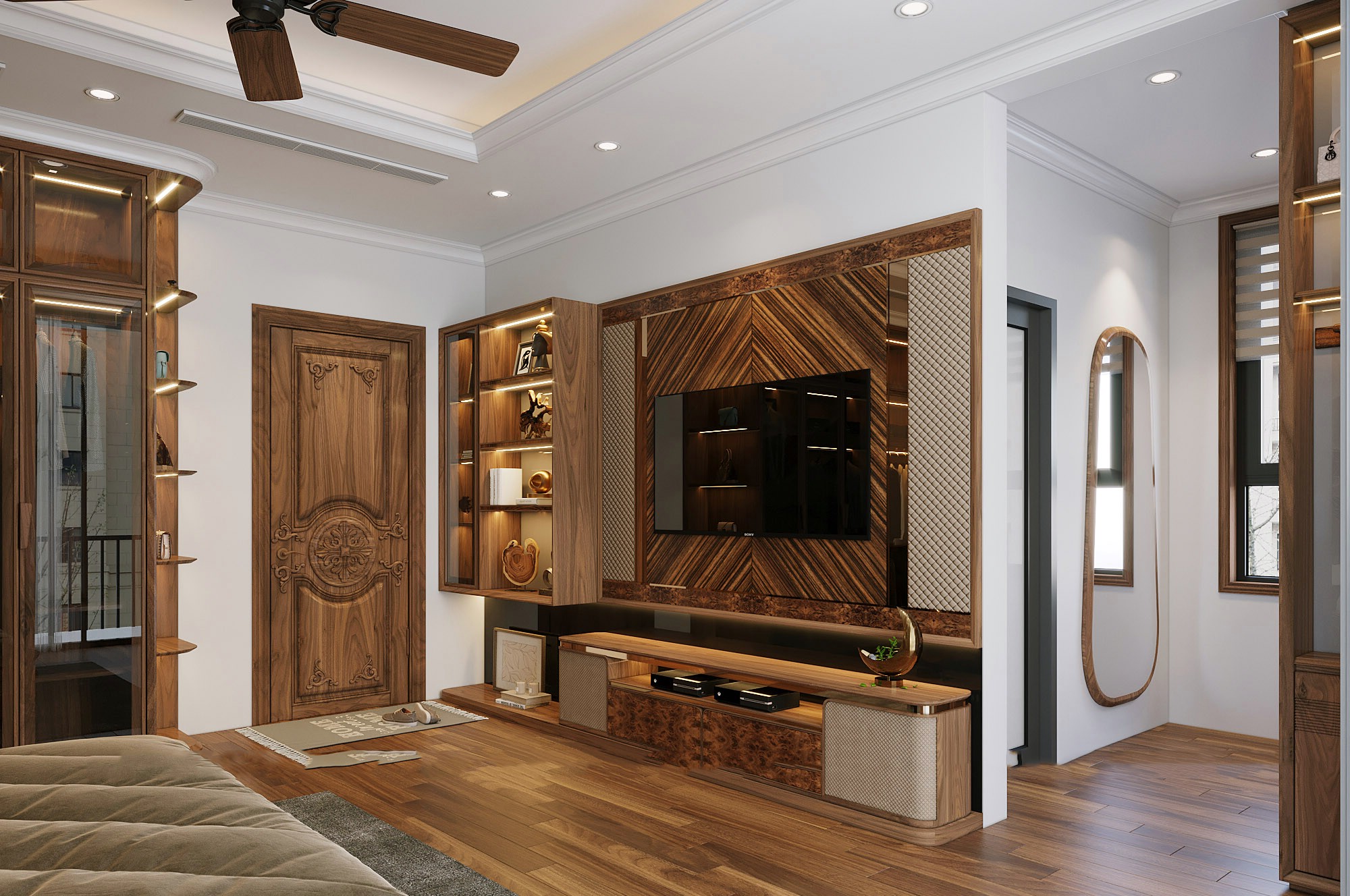 Vách kệ tivi phòng khách hiện đại gỗ óc chó tự nhiên với ngăn kéo veneer nu