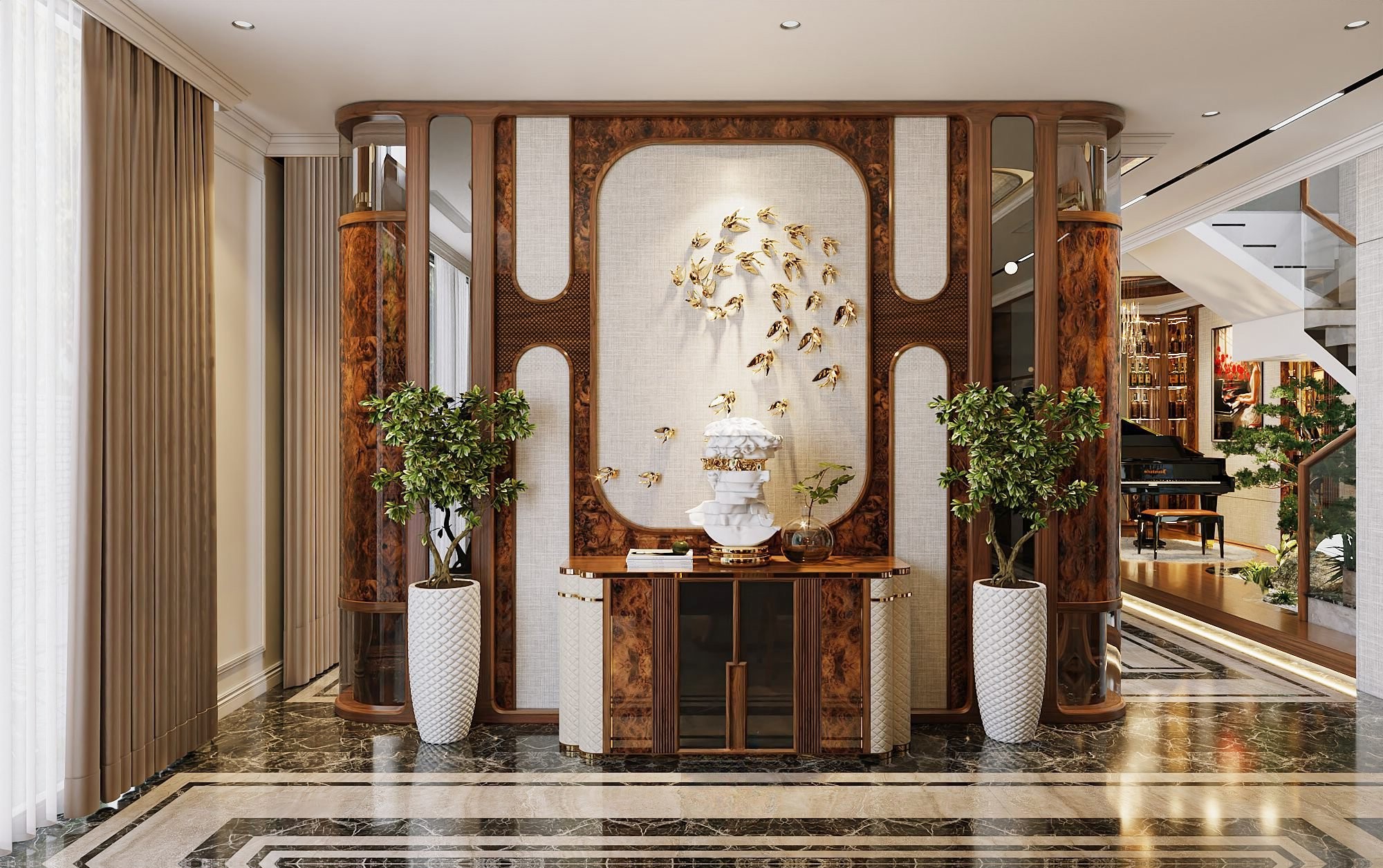 Vách ngăn gỗ phòng khách cao kịch trần kiểu oval với veneer nu sang trọng