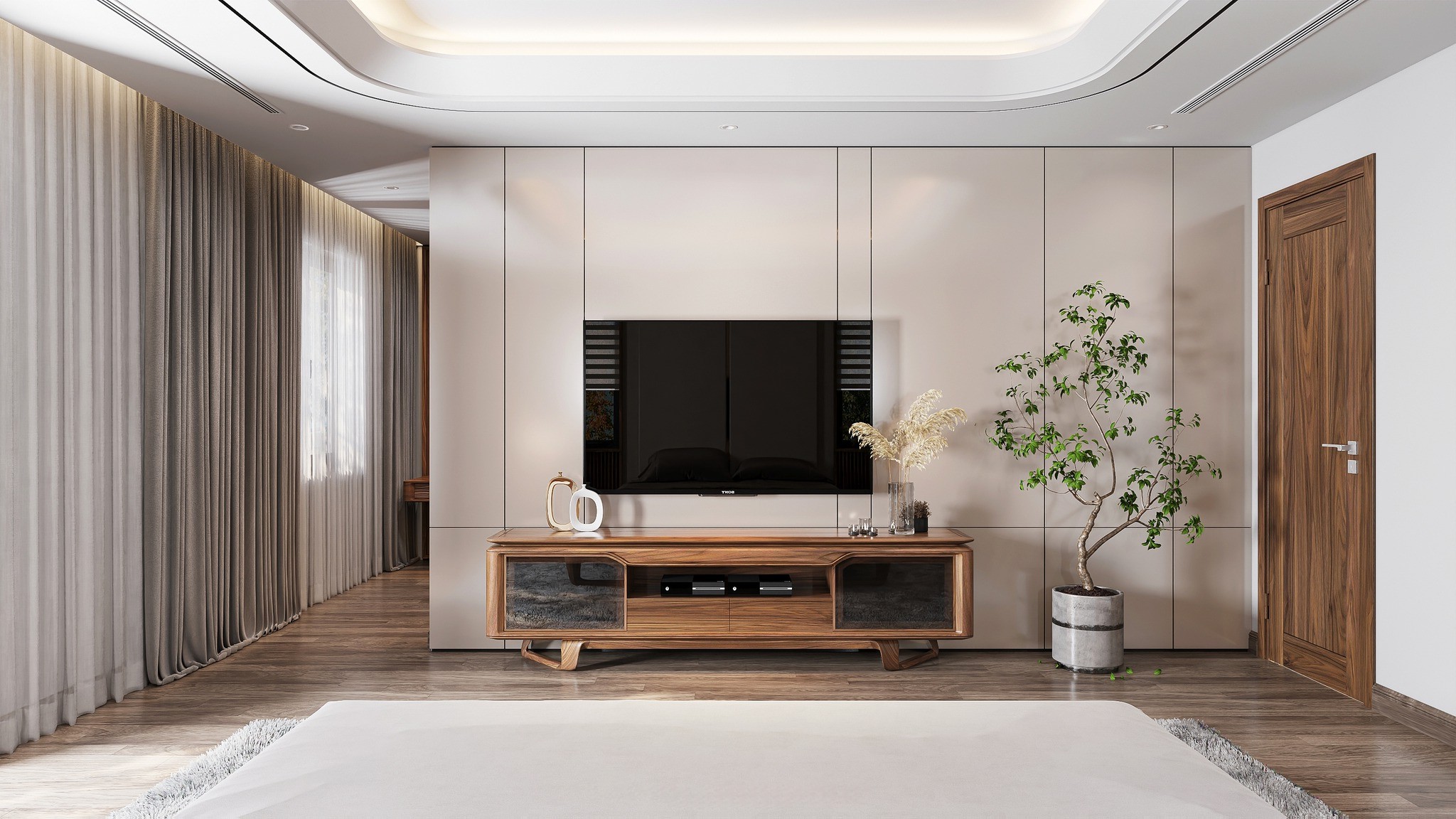 Vách ngăn kệ tivi phòng ngủ hiện đại ốp acrylic trắng