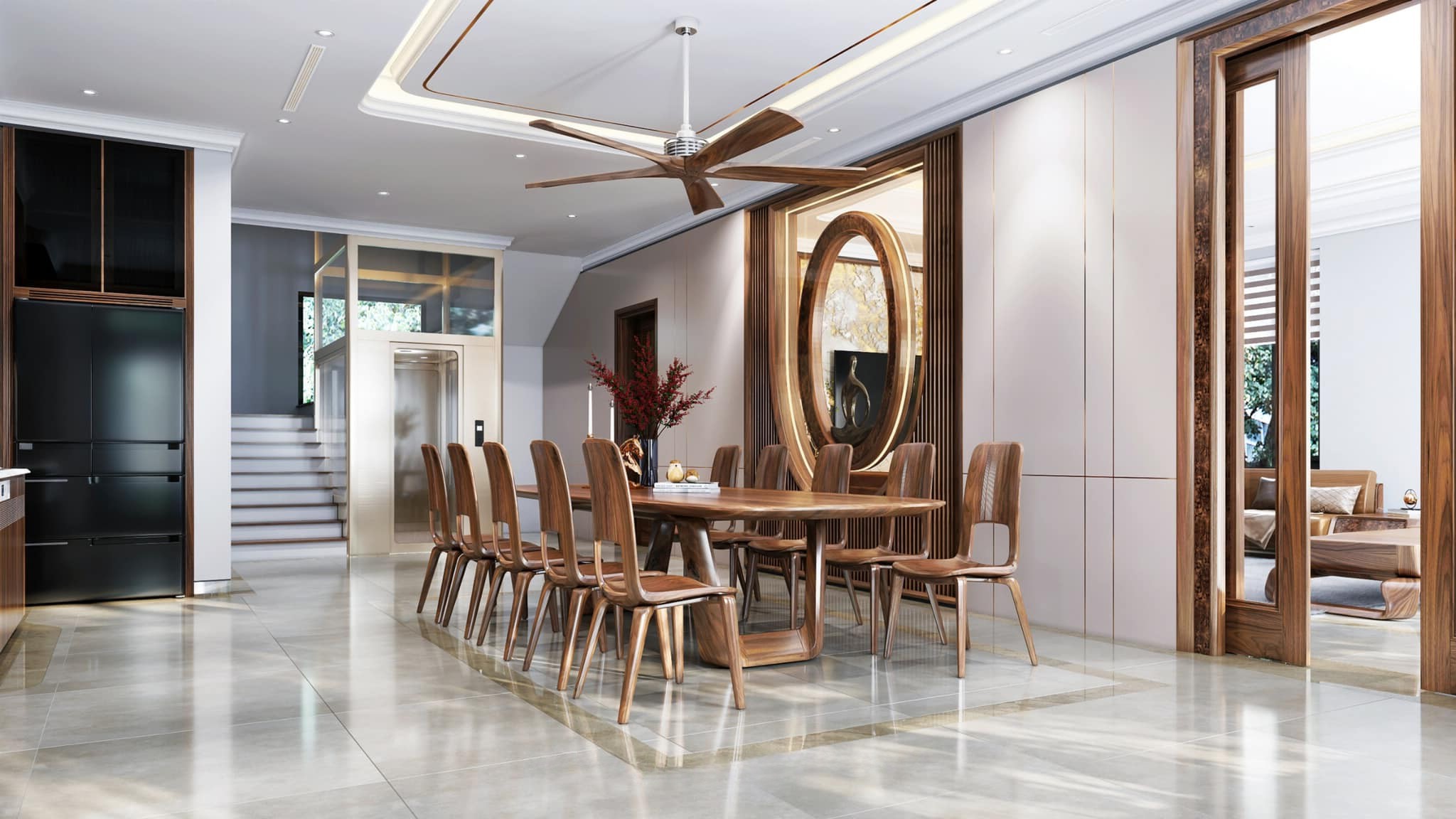 Vách ngăn phòng bằng gỗ hiện đại kết hợp kính cong sang trọng