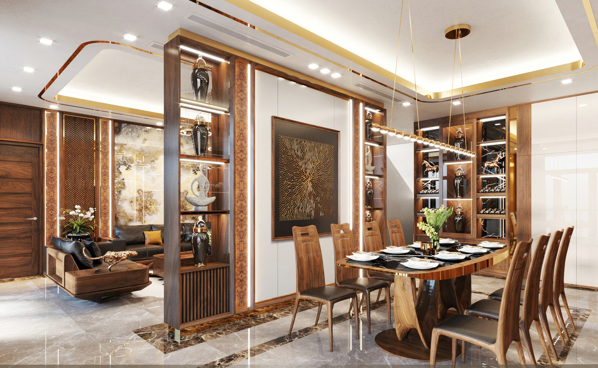 Vách ngăn phòng khách bếp gỗ công nghiệp MDF phủ laminate nâu đen với kệ kính 4 tầng