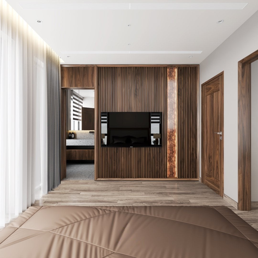 Vách ngăn tivi khung gỗ óc chó ốp lam sóng và PVC vân gỗ nu